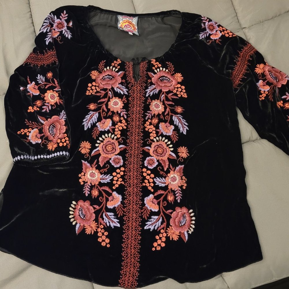 Johnny Was Black Velvet Floral Top
